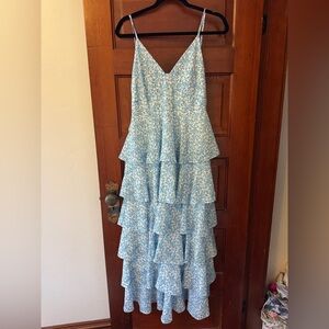 Elegant Blue Abstract Floral Tiered Dress - Lissy Ruffle Midi Maxi Blue